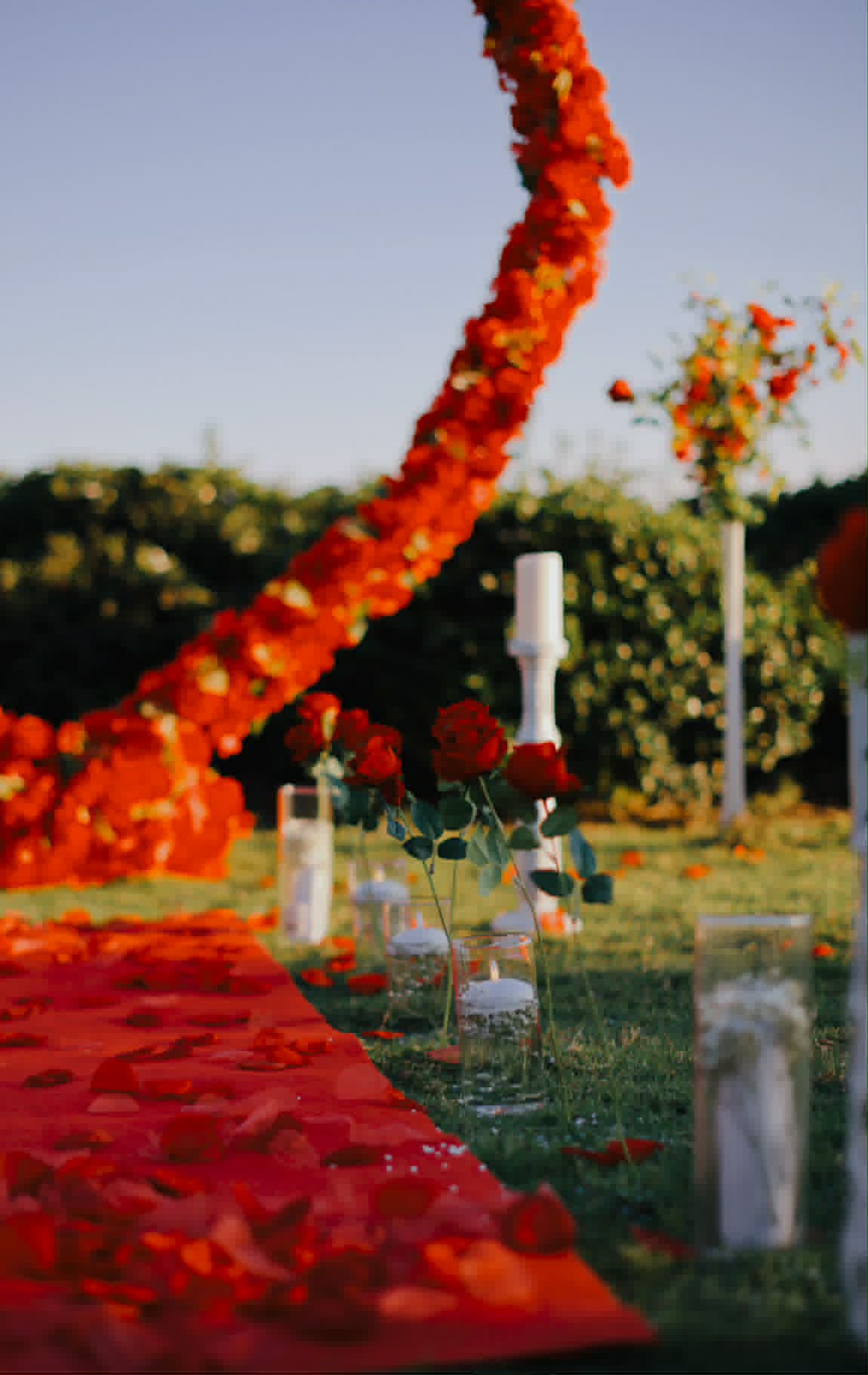 Romantic outdoor proposal setup with red rose petal arch